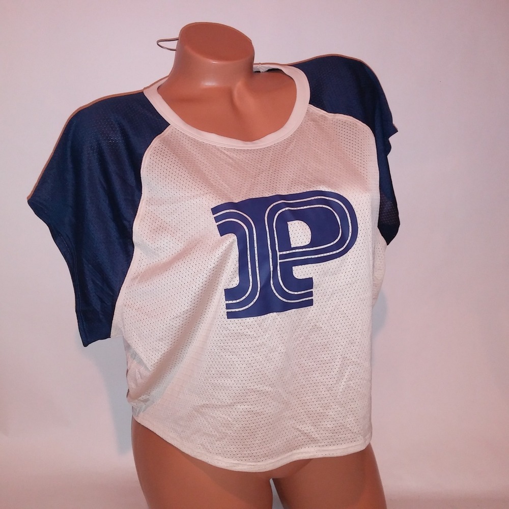 Victoria Secret PINK Jersey Crop Top XXL 2X Navy Blue Cream Logo Mesh Activewear